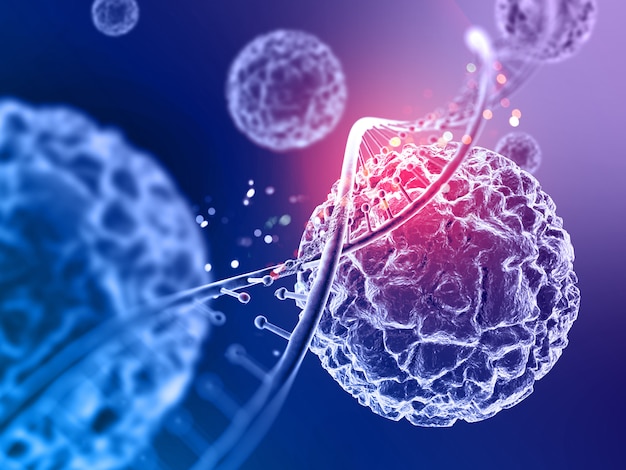 A highly detailed microscopic view of virus cells interacting with a DNA strand, representing medical research, biotechnology, genetics, and healthcare advancements.