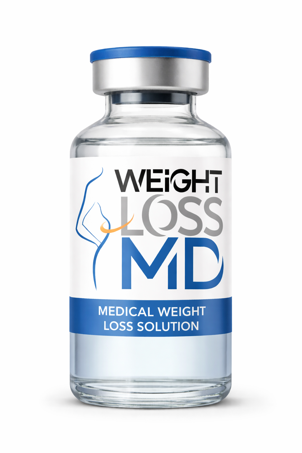 Weight Loss MD Medical Vial with Liquid Solution - Weight Loss MD Glass medical vial with Weight Loss MD logo containing clear liquid solution