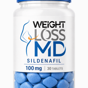 White pill bottle labeled “Weight Loss MD Sildenafil 100 mg” filled with blue tablets on a clean white background