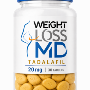 White pill bottle labeled “Weight Loss MD Tadalafil 20 mg” filled with yellow tablets on a clean white background