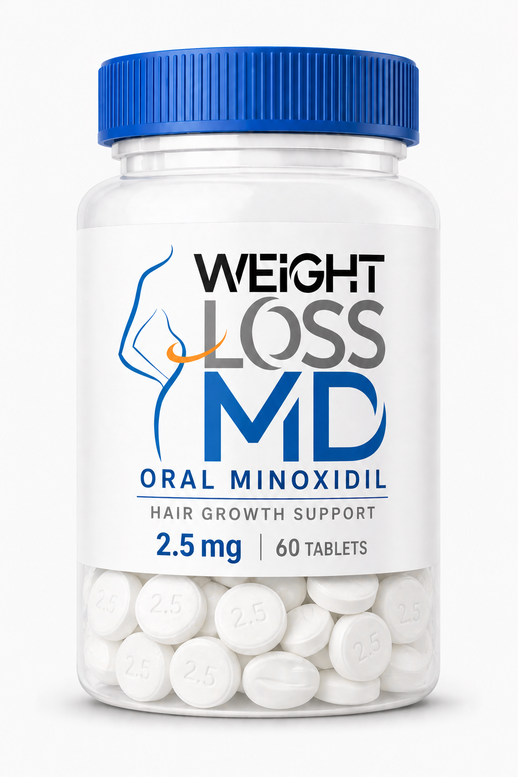 Weight Loss MD Oral Minoxidil 2.5 mg Tablets - Weight Loss MD Weight Loss MD oral minoxidil bottle with white tablets, 2.5 mg hair growth support medication