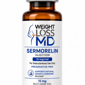 Sermorelin Injection Vial Label - Weight Loss MD Brown glass medicine bottle with a white label reading "WEIGHT LOSS MD" and "SERMORELIN INJECTION" along with details like "15 mg/vial" and "For Subcutaneous Use Only"; a medical product image.
