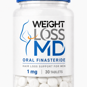 Weight Loss MD Oral Finasteride 1 mg Tablets - Weight Loss MD White bottle with blue cap labeled Weight Loss MD Oral Finasteride 1 mg, 30 tablets; white pills visible at bottom.