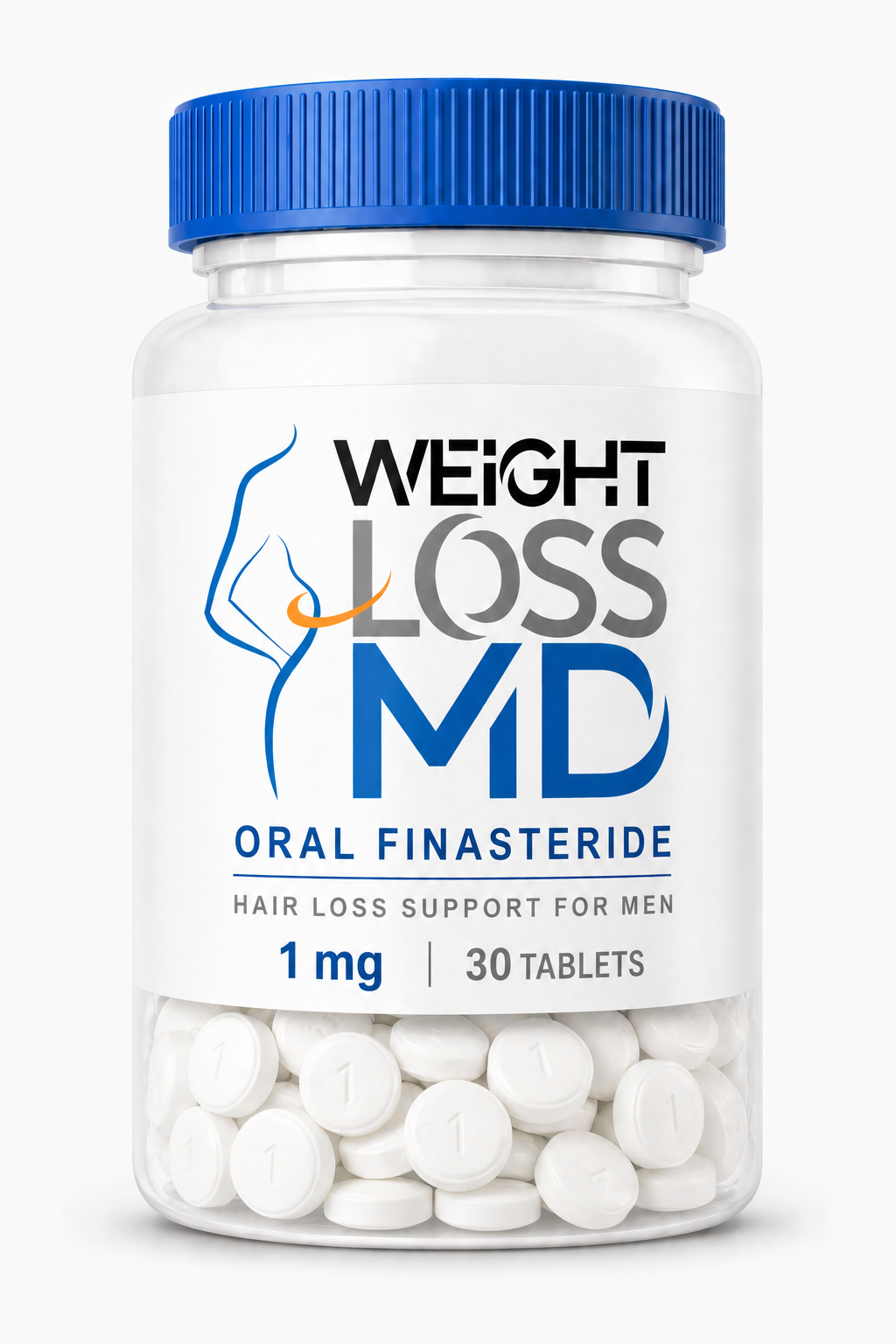 Weight Loss MD Oral Finasteride 1 mg Tablets - Weight Loss MD White bottle with blue cap labeled Weight Loss MD Oral Finasteride 1 mg, 30 tablets; white pills visible at bottom.