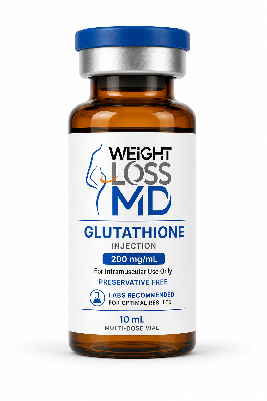 Glutathione Injection | Weight Loss MD - Weight Loss MD Brown glass injection vial labeled 'Weight Loss MD Glutathione Injection,' 200 mg/mL, 10 mL multi-dose vial, for intramuscular use only, preservative free
