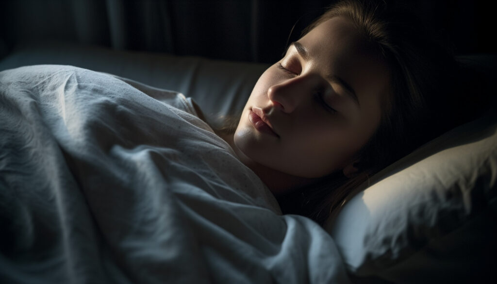 Person sleeping comfortably on a pillow in a calm, dimly lit bedroom, representing deep and restful sleep.