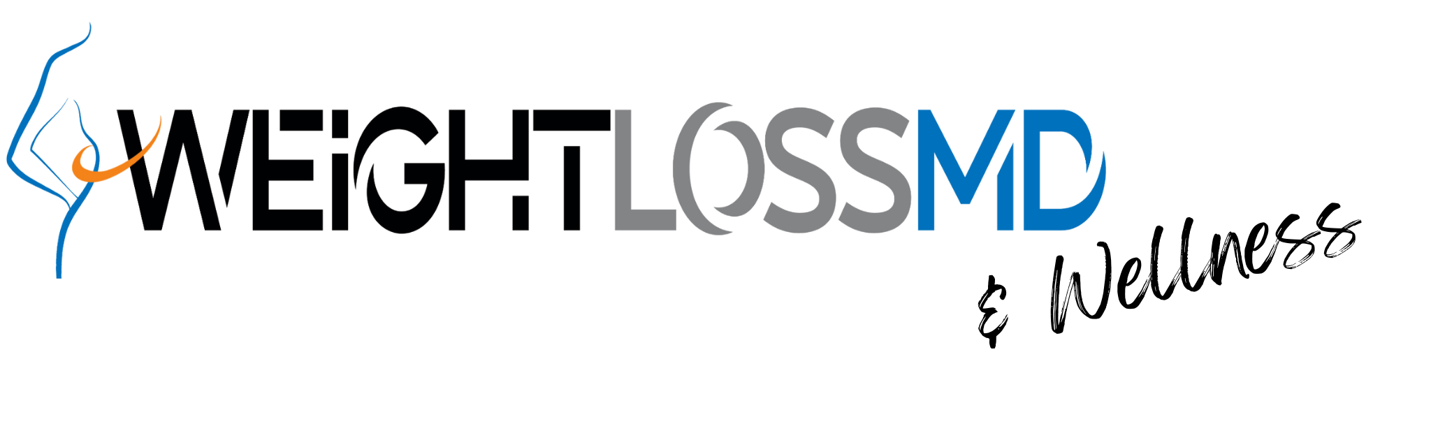 Weight Loss MD & Wellness logo with blue and gray lettering and stylized body silhouette graphic