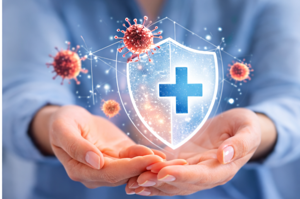 Illustration of a protective medical shield representing antiviral management and immune health support