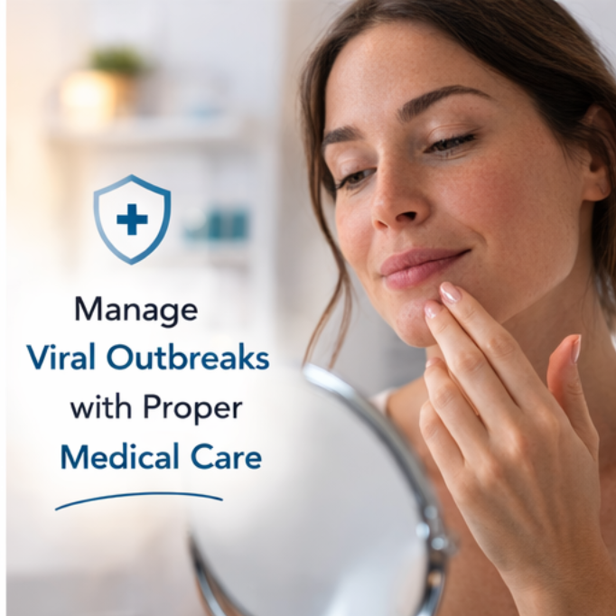Woman examining her lip in a mirror during a medical consultation discussion about managing viral outbreaks with professional care.