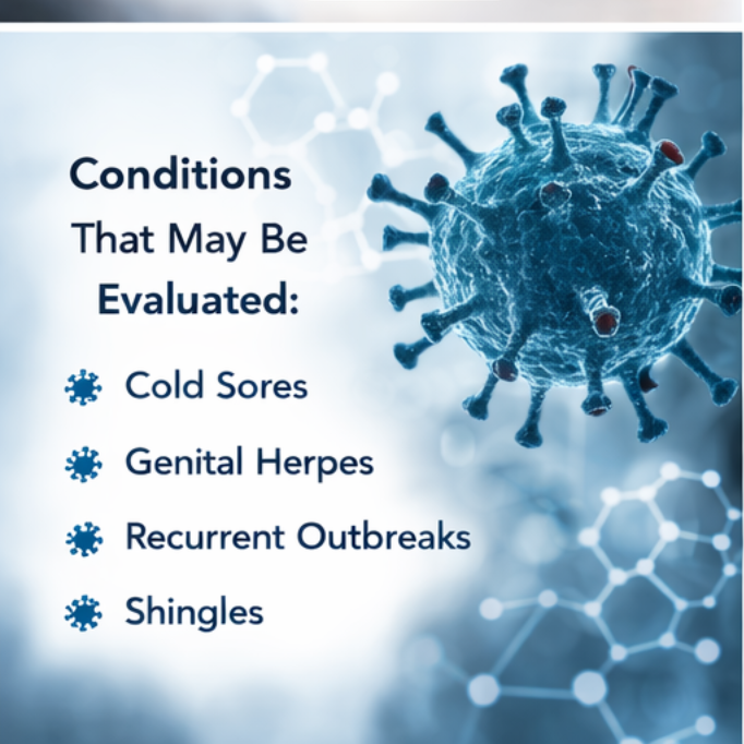 Graphic illustration representing viral conditions that may be evaluated during a medical consultation, including cold sores, genital herpes, recurrent outbreaks, and shingles.