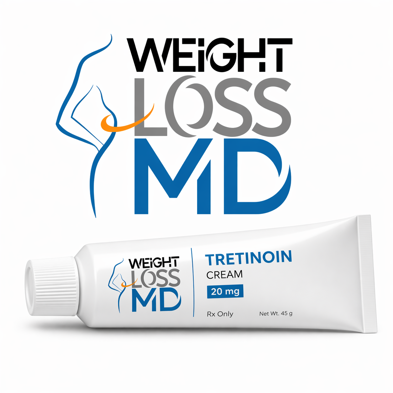 ChatGPT Image Apr 20 2026 11_47_33 AM - Weight Loss MD Weight Loss MD logo with a blue spine outline above a tube labeled Tretinoin cream 20 mg, Rx only, Net Wt. 45 g