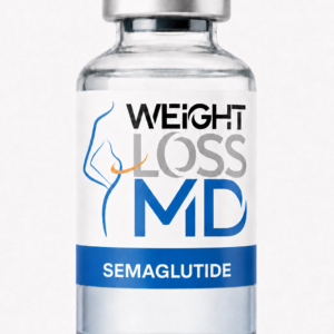 Semaglutide | Weight Loss MD - Weight Loss MD Bottle of Weight Loss MD Semaglutide medication with a blue cap and label text on white background