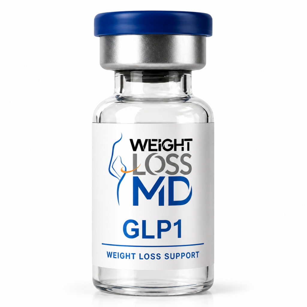 Close-up of a GLP-1 Weight Loss MD vial centered on a white background.