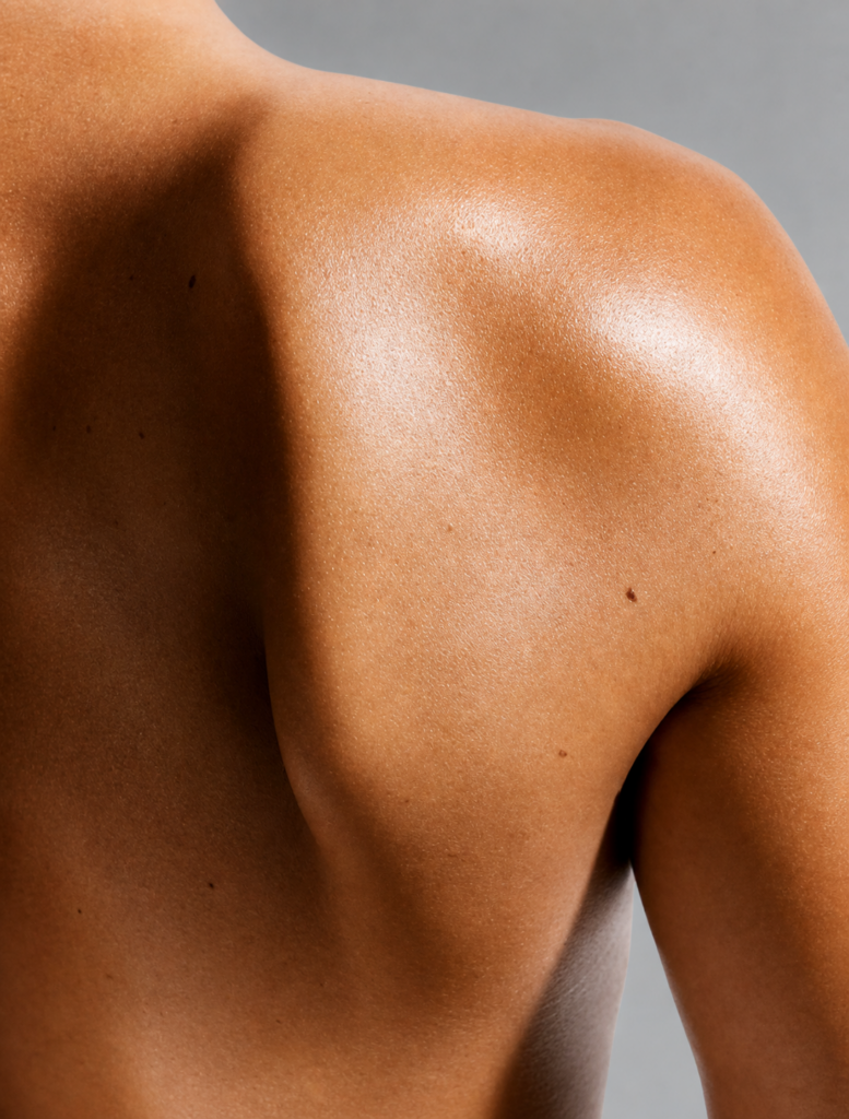 Close-up of a toned shoulder and upper back against a neutral gray background