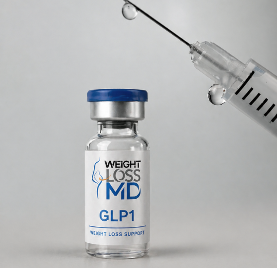 Small GLP-1 labeled medical vial with Weight Loss MD logo next to syringe on neutral background