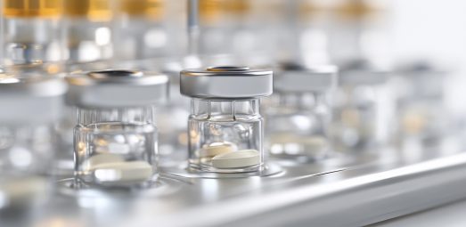 Sterile pharmaceutical vials containing oral tablets on a medical production line
